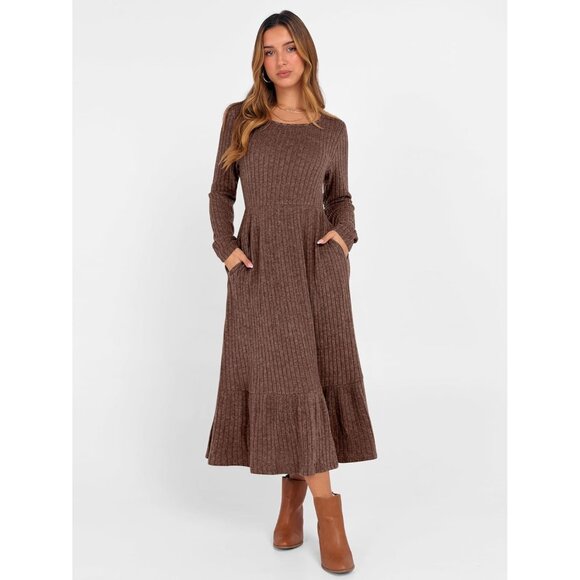 Womens Long Sleeve Midi Dress Rib Knit Crew Neck A Line Flowy Casual - Picture 3 of 7